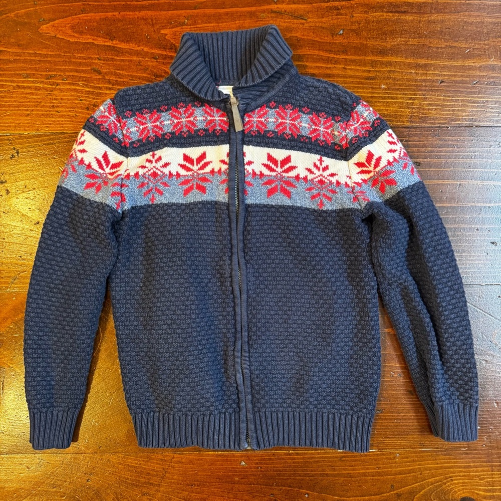 Hanna Andersson Navy and Red Holiday Zip-Up Sweater